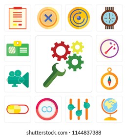 Set Of 13 simple editable icons such as Settings, Worldwide, Volume control, Infinity, Switch, Compass, Video player, Magic wand, Id card, web ui icon pack