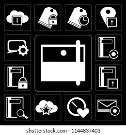 Set Of 13 simple editable icons such as Archive, Mail, Stopwatch, Cloud computing, Notebook, Speech bubble on black background