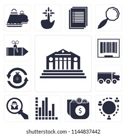 Set Of 13 simple editable icons such as Bank, Worldwide, Money, Analytics, Spy, Delivery truck, Exchange, Barcode, Coupon, web ui icon pack