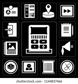Set Of 13 simple editable icons such as Calculator, Unlink, Menu, User, Layers, Speaker, Calendar, Notepad, Exit on black background