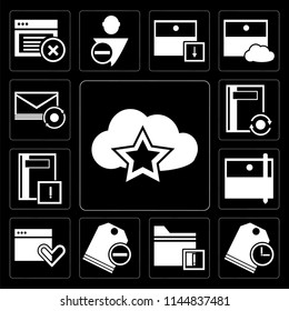 Set Of 13 simple editable icons such as Cloud computing, Price tag, Folder, Browser, Archive, Notebook, Mail on black background