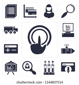 Set Of 13 simple editable icons such as Tap, Browser, Testing, Spy, Analytics, Coupon, Delivery truck, web ui icon pack
