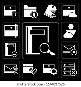Set Of 13 simple editable icons such as Notebook, Archive, Browser, Mail, User, Archive on black background
