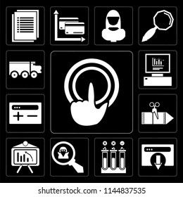 Set Of 13 simple editable icons such as Tap, Browser, Testing, Spy, Analytics, Coupon, Delivery truck on black background