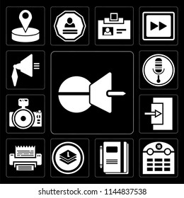 Set Of 13 simple editable icons such as Push pin, Calendar, Notebook, Layers, Fax, Exit, Photo camera, Microphone, Speaker on black background