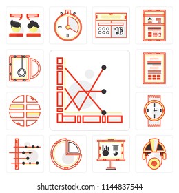 Set Of 13 simple editable icons such as Line graph, Worker, Business presentation, Finances, graphic, Watches, Maps and Flags, Office material, Hot drink, web ui icon pack