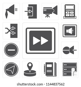 Set Of 13 simple editable icons such as Fast forward, Database, Notebook, Placeholder, Paper plane, Push pin, Substract, Speaker, Shuffle, web ui icon pack