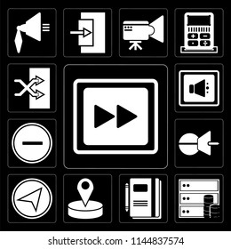Set Of 13 simple editable icons such as Fast forward, Database, Notebook, Placeholder, Paper plane, Push pin, Substract, Speaker, Shuffle on black background