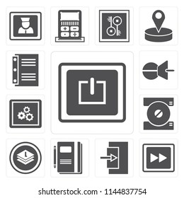 Set Of 13 simple editable icons such as Power, Fast forward, Exit, Notebook, Layers, Compact disc, App, Push pin, web ui icon pack