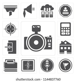 Set Of 13 simple editable icons such as Photo camera, Flag, Microphone, Broken link, Folder, Home, Exit, Calculator, Target, web ui icon pack