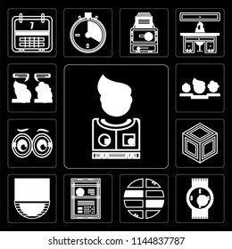 Set Of 13 simple editable icons such as Clothing, Watches, Maps and Flags, Curriculum, Men, Packing, Looking, Network, Chatting on black background