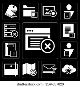 Set Of 13 simple editable icons such as Browser, Cloud computing, Mail, Map, Archive, User, Notebook, Notepad, Archive on black background