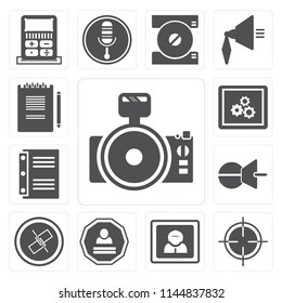 Set Of 13 simple editable icons such as Photo camera, Target, User, Login, Unlink, Push pin, Notebook, App, Notepad, web ui icon pack