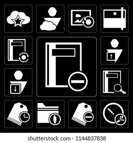 Set Of 13 simple editable icons such as Notebook, Stopwatch, Price tag, Folder, User, Notebook on black background