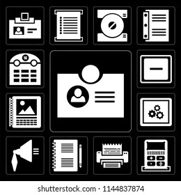 Set Of 13 simple editable icons such as Id card, Calculator, Fax, Notepad, Speaker, App, Calendar, Minus, Calendar on black background