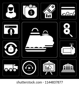 Set Of 13 simple editable icons such as Shopping bag, Bank, Analytics, Video player, Delivery truck, Coupon, Exchange, Placeholder, Browser on black background