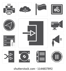 Set Of 13 simple editable icons such as Exit, Pause, Notebook, Compact disc, Shuffle, Speaker, Database, Video camera, Paper plane, web ui icon pack