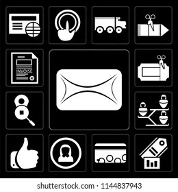 Set Of 13 simple editable icons such as Envelope, Tag, Cit card, User, Like, Networking, Placeholder, Coupon, Invoice on black background