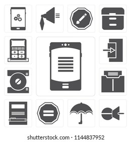 Set Of 13 simple editable icons such as Smartphone, Push pin, Umbrella, Equal, Notebook, Folder, Compact disc, Exit, Calculator, web ui icon pack