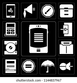 Set Of 13 simple editable icons such as Smartphone, Push pin, Umbrella, Equal, Notebook, Folder, Compact disc, Exit, Calculator on black background