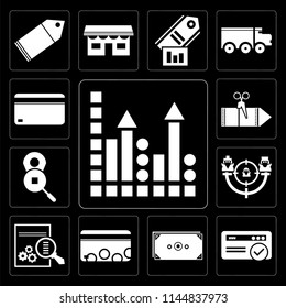 Set Of 13 simple editable icons such as Profits, Browser, Money, Cit card, Analytics, Target, Placeholder, Coupon, card on black background