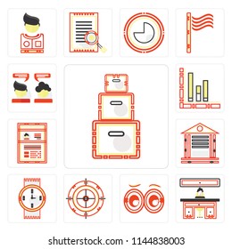 Set Of 13 simple editable icons such as Packing, Administrator, Looking, Dart board, Watches, Banking, Curriculum, Bars chart, Chatting, web ui icon pack