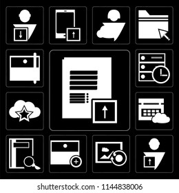 Set Of 13 simple editable icons such as Notepad, User, Image, Archive, Notebook, Calendar, Cloud computing, Server, Archive on black background