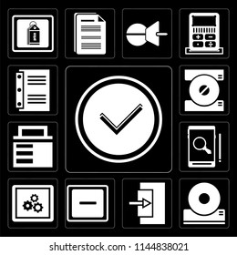 Set Of 13 simple editable icons such as Checked, Compact disc, Exit, Minus, App, Smartphone, Lock, Notebook on black background