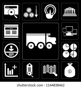 Set Of 13 simple editable icons such as Delivery truck, Get money, Analytics, Tag, Profits, Id card, Responsive, Browser on black background