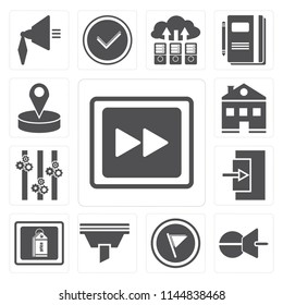 Set Of 13 simple editable icons such as Fast forward, Push pin, Flag, Funnel, Price tag, Exit, Controls, Home, Placeholder, web ui icon pack
