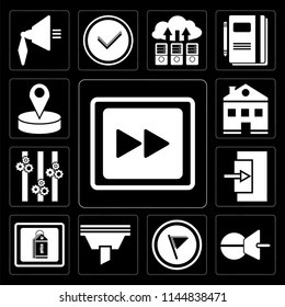 Set Of 13 simple editable icons such as Fast forward, Push pin, Flag, Funnel, Price tag, Exit, Controls, Home, Placeholder on black background
