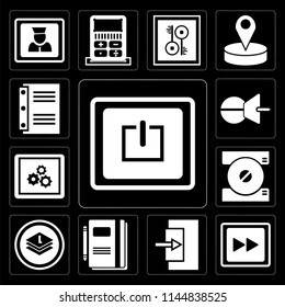 Set Of 13 simple editable icons such as Power, Fast forward, Exit, Notebook, Layers, Compact disc, App, Push pin, Notebook on black background
