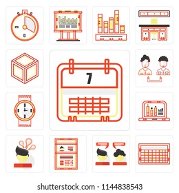 Set Of 13 simple editable icons such as Weekly calendar, Stats, Chatting, Curriculum, Invention, Line chart, Watches, Collaboration, Packing, web ui icon pack