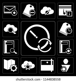 Set Of 13 simple editable icons such as Stopwatch, User, Archive, Cloud computing, Map, Notebook, Price tag, computing on black background