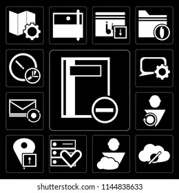 Set Of 13 simple editable icons such as Notebook, Cloud computing, User, Server, Placeholder, Mail, Speech bubble, Stopwatch on black background