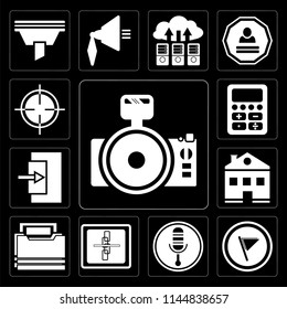 Set Of 13 simple editable icons such as Photo camera, Flag, Microphone, Broken link, Folder, Home, Exit, Calculator, Target on black background