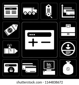 Set Of 13 simple editable icons such as Browser, Get money, Analytics, Cit card, Id Coupon, Briefcase, Price tag on black background