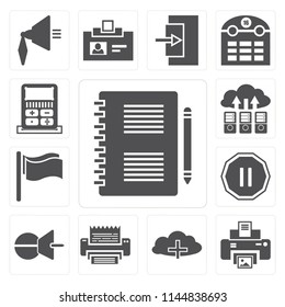 Set Of 13 simple editable icons such as Notepad, Print, Cloud computing, Fax, Push pin, Pause, Flag, Calculator, web ui icon pack