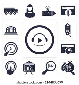 Set Of 13 simple editable icons such as Video player, Analytics, Tap, Browser, Pay per click, Tag, Bank, web ui icon pack