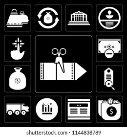 Set Of 13 simple editable icons such as Coupon, Money, Browser, Diagrams, Delivery truck, Tag, Get money, Tap on black background