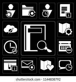 Set Of 13 simple editable icons such as Notebook, Speech bubble, Map, Mail, Music player, Calendar, Stopwatch, Cloud computing on black background