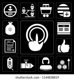 Set Of 13 simple editable icons such as Tap, Profits, User, Coupon, Tag, Like, Invoice, Browser, Get money on black background