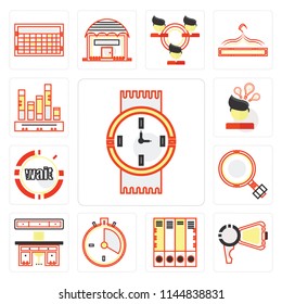 Set Of 13 simple editable icons such as Watches, Protest, Office material, Racing, Offices, Growth, Wait, Invention, Stats, web ui icon pack