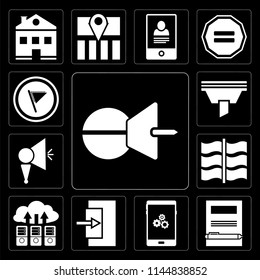 Set Of 13 simple editable icons such as Push pin, Notebook, Smartphone, Exit, Cloud computing, Flag, Megaphone, Funnel, Flag on black background