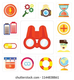 Set Of 13 simple editable icons such as Binoculars, Worldwide, Help, Infinity, Calendar, User, Switch, Add, Battery, web ui icon pack