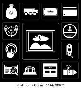 Set Of 13 simple editable icons such as Image, Coupon, Browser, Bank, Tag, Tap, Id card, Target on black background