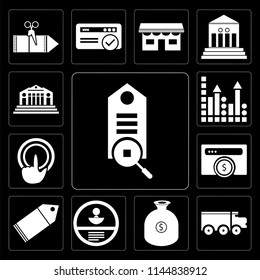 Set Of 13 simple editable icons such as Tag, Delivery truck, Get money, Id card, Browser, Tap, Profits, Bank on black background