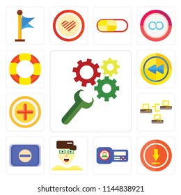 Set Of 13 simple editable icons such as Settings, Upload, Id card, User, Switch, Server, Add, Rewind, Help, web ui icon pack