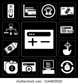 Set Of 13 simple editable icons such as Browser, Exchange, Analytics, Money, Tap, Price tag, Sitemap on black background