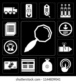 Set Of 13 simple editable icons such as Search, Tap, Get money, Browser, Link, Coupon, Video player, Id card, List on black background